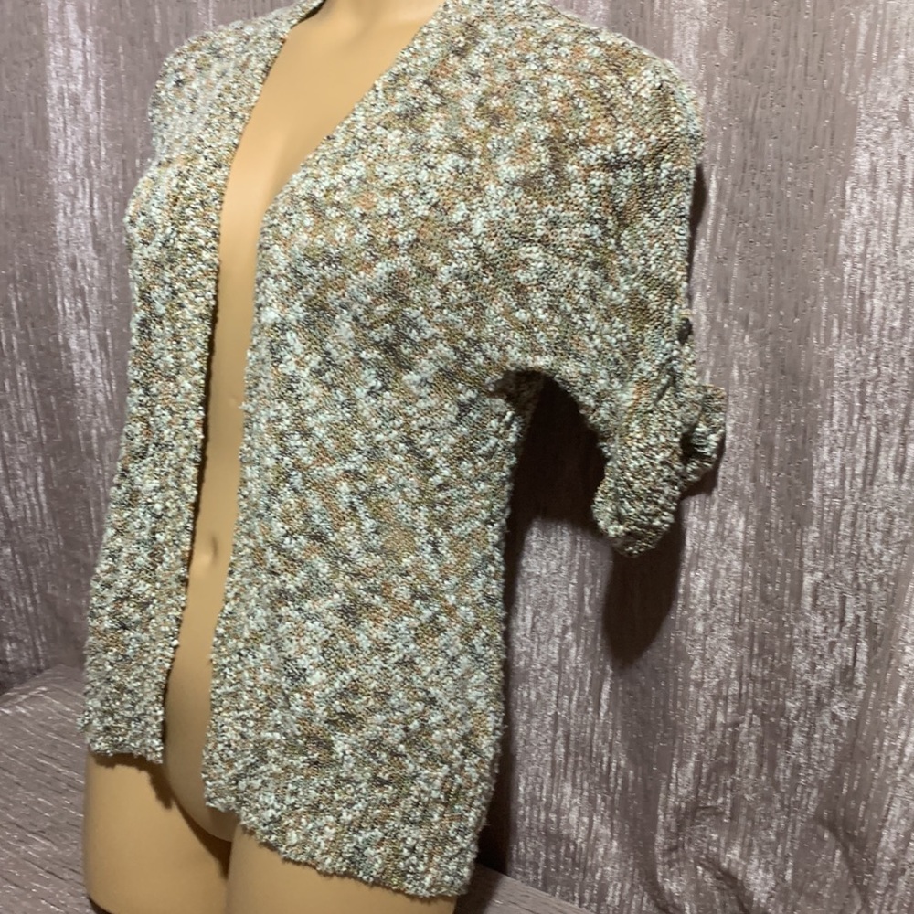 Chico's Sweater Cardigan Open Front Green Brown Cream Size 1 M Short Sleeve - Picture 5 of 14